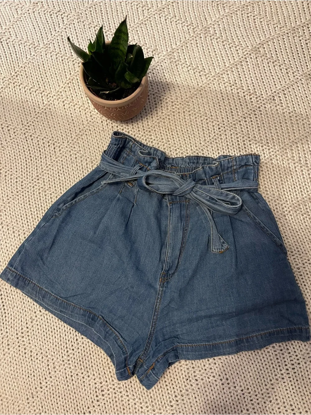 Forever 21 High-Waist Denim Paperbag Shorts in Blue